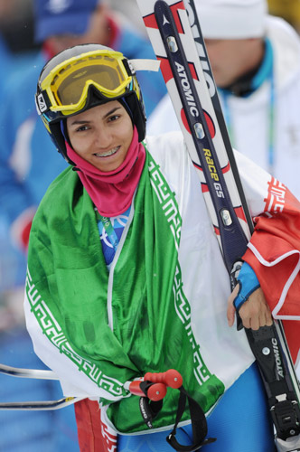 Iran's Marjan Kalhor reacts after the women's Giant Slalom 1st run of Alpine Skiing at the 2010 Winter Olympic Games in Whistler, Canada, Feb. 24, 2010. Due to the weather, the second round of the event was postponed to Thursday. (Xinhua/Wu Wei)