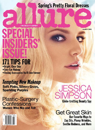 U.S. star Jessica Simpson is on the cover of Allure magazine's March 2010 issue. The singer-actress owned up to her many failures in an in-depth interview, commenting on some of her most famous (and infamous) fashion moments, her ex-boyfriend's style, and the body part she most likes to show off.