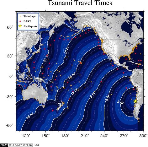 In this image released by the National Atmospheric and Oceanic Administration on February 27, 2010 shows the Tsunami Travel Time following a huge 8.8-magnitude earthquake that rocked Chile early February 27. [Xinhua]