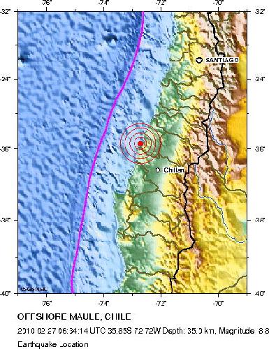 Photo taken on Feb. 27 shows the location of earthquake happend in Chile. A massive earthquake measuring 8.8 on the Richter scale struck southern Chile early Saturday. (Xinhua/AFP Photo)