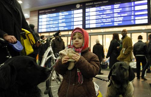 Three-year old Jule waits with her parents and her dogs for a train at the railway station of Essen February 28, 2010. Storm &apos;Xynthia&apos; caused damage in parts of Germany, resulting in sections of rail and flight traffic to be disrupted. [Xinhua/Reuters]