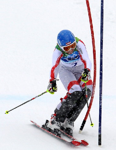 Marlies Schild of Austria competes in the women's slalom of alpine skiing at the 2010 Winter Olympic Games in Whistler, Canada, Feb. 26, 2010. Marlies Schild won the silver medal with 1 minute and 43.32 seconds.