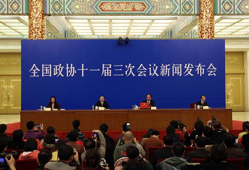 A press conference for the third session of the 11th National Committee of the Chinese People's Political Consultative Conference (CPPCC) is held Tuesday afternoon, March 2, 2010 in Beijing. [Photo: Xinhua]