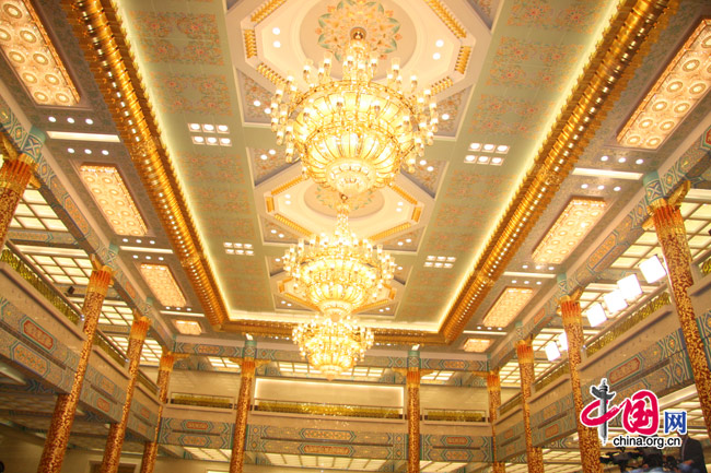 The inside of the Central Hall of Great Hall of the People where press conferences of the 3rd session of the 11th National People's Congress (NPC) are held. [China.org.cn]