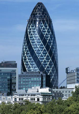 The Gherkin in London The Gherkin is located at the 30 St Mary Axe in London and was put into use in 2004. The 40-story building is 600 feet (90m) high. [huanqiu.com]