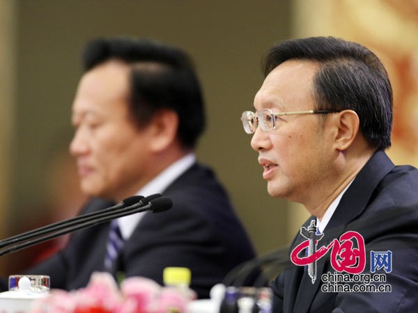 Chinese Foreign Minister Yang Jiechi answers questions during a news conference on the sidelines of the Third Session of the 11th National People's Congress (NPC) at the Great Hall of the People in Beijing, China, March 7, 2010. 