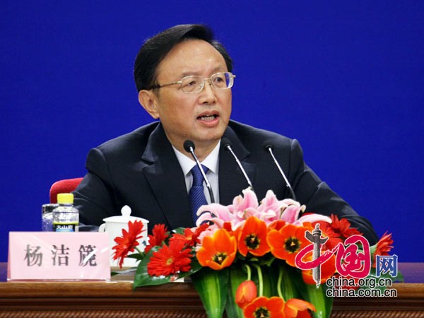 Chinese Foreign Minister Yang Jiechi answers questions during a news conference on the sidelines of the Third Session of the 11th National People's Congress (NPC) at the Great Hall of the People in Beijing, China, March 7, 2010. [Xinhua]