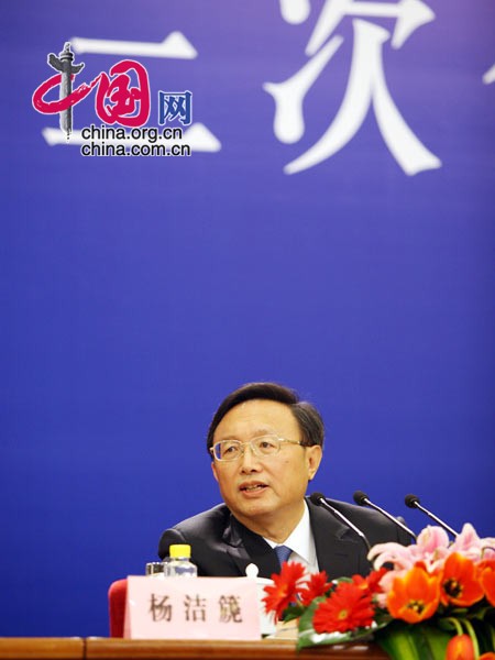 Chinese Foreign Minister Yang Jiechi answers questions during a news conference on the sidelines of the Third Session of the 11th National People's Congress (NPC) at the Great Hall of the People in Beijing, China, March 7, 2010.[China.org.cn]