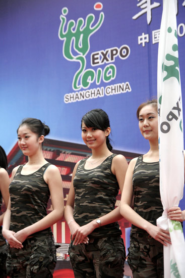 Girls stand in line during the opening ceremony of a training camp in Hangzhou, capital of east China's Zhejiang Province, March 8, 2010. Nearly 300 girls from across China began a 2-month training session Monday in Hangzhou and Shanghai in preparation for their work as hostesses during the 2010 Shanghai World Expo. [Xinhua]