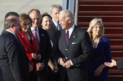 U.S. Vice President Joe Biden (2nd R) and his wife Dr. Jill Biden (1st R) are welcomed upon their arrival at the Ben Gurion airport, near Tel Aviv, Israel, March 8, 2010.