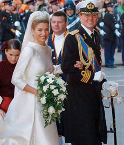 Máxima Zorreguieta and Willem-Alexander; Bride: Máxima Zorreguieta; Bridegroom: Willem-Alexander, Prince of Orange; Wedding time: Feb. 2, 2002; Wedding location: Cathedrale St Michel et Gudule in Brussels.[peopledaily.com] 