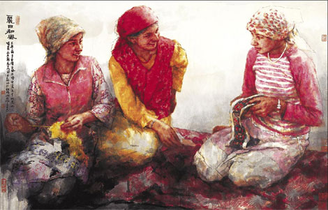In addition to Tibetans, people of other ethnic groups in west China are also a topic of Nan's paintings.
