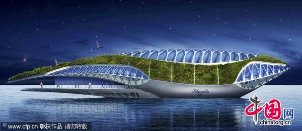 Dubbed the &apos;floating garden&apos; the extraordinary whale-shaped craft is designed to carry passengers on waterways like the Thames and purify the murky water as it goes. 