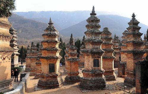 The file photo taken in February 2009 shows pagodas of the Shaolin Temple on the Songshan Mountain in central China's Henan Province. [Wang Song/Xinhua]