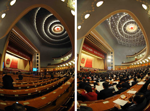 Combined photo shows the lights in the Great Hall of the People before (L) and during (R) the fourth plenary meeting of the Third Session of the 11th National People's Congress in Beijing, China, March 11, 2010. Low-carbon lifestyle has found support during China's 'two sessions' by means of NPC deputies' motions and CPPCC members' proposals as well as low-carbon measures operated by the staff member who serve for the 'two sessions'. (Xinhua/Chen Shugen)