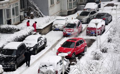 Vehicles are covered with snow at a community in Shenyang, capital of northeast China's Liaoning Province, on March 15, 2010. A heavy snow hit Shenyang Sunday night, bringing fresh air to the city but causing troubles on the road as well.[Xinhua]