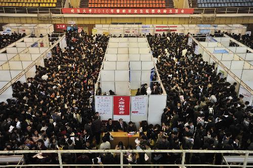 Graduates are seen at a job fair in the gym of Wuhan University in Wuhan, capital of central China's Hubei province, March 13, 2010. A total of 240 enterprises and institutions provided more than 10,000 jobs, attracting nearly 30,000 graduates to the fair. 