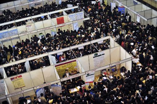 Graduates are seen at a job fair in the gym of Wuhan University in Wuhan, capital of central China's Hubei province, March 13, 2010. A total of 240 enterprises and institutions provided more than 10,000 jobs, attracting nearly 30,000 graduates to the fair. 