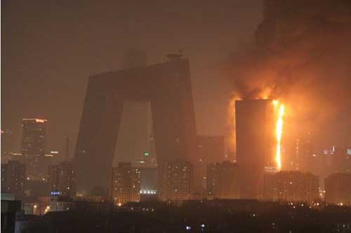 Who set fire to the CCTV tower?