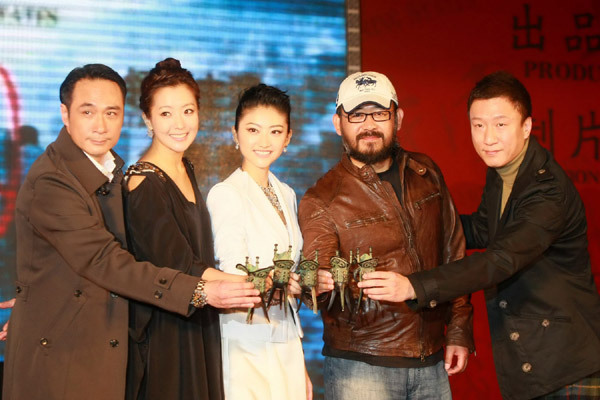 Cast members (L-R) Francis Ng, Kim Hee-Sun, Jing Tian, Jiang Wu, and Sun Honglei pose at a press conference for the new film 'Warring States' in Beijing on March 14, 2010.