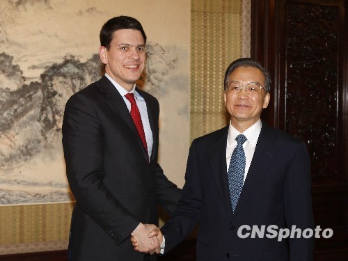 Chinese Premier Wen Jiabao meets with British Foreign Secretary David Miliband in Beijing on March 16, 2010.