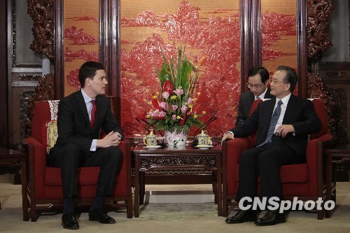 Chinese Premier Wen Jiabao meets with British Foreign Secretary David Miliband in Beijing on March 16, 2010.