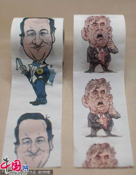 Whatever your political view you can now wipe away the opposition using a roll of political toilet paper. Loo roll depicting the two main party leaders of UK is widely available for sale on the internet in the run up to this year's election. Voters have a choice of either Labour's Gordon Brown or the Conversative's David Cameron to flush down their toilet! [CFP]
