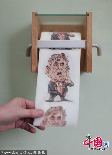 Whatever your political view you can now wipe away the opposition using a roll of political toilet paper. Loo roll depicting the two main party leaders of UK is widely available for sale on the internet in the run up to this year's election. Voters have a choice of either Labour's Gordon Brown or the Conversative's David Cameron to flush down their toilet! [CFP]