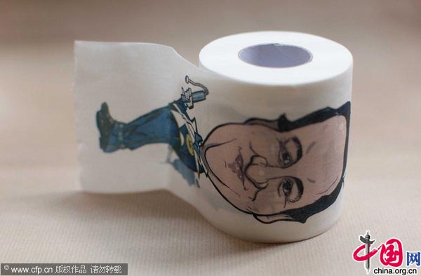 Whatever your political view you can now wipe away the opposition using a roll of political toilet paper. Loo roll depicting the two main party leaders of UK is widely available for sale on the internet in the run up to this year's election. Voters have a choice of either Labour's Gordon Brown or the Conversative's David Cameron to flush down their toilet! [CFP]