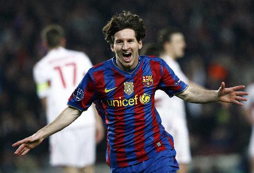 Barcelona's Lionel Messi celebrates after scoring a goal against VfB Stuttgart during their Champions League last 16, second leg soccer match at the Camp Nou stadium in Barcelona March 17, 2010. (Xinhua/Reuters Photo)