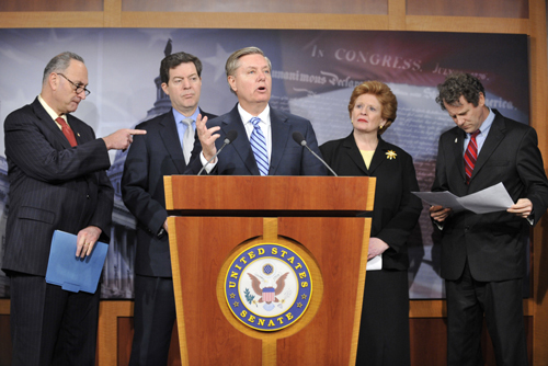 US Senator Charles Schumer, Senator Sam Brownback, Senator Lindsey Graham (SPEAKER), Senator Debbie Stabenow and Senator Sherrod Brown (L to R) attend a press conference on China's currency in Washington, capital of the United States, March 16, 2010. Under the pressure of the election year and high unemployment, some US senators proposed legislation on Tuesday to press China to appreciate its currency. [Xinhua photo]