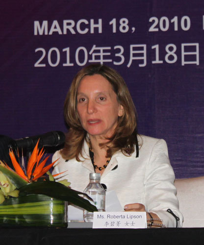 Roberta Lipson, chairman and secretary of the United Foundation for Children's Health answers questions at the press conference for 'Heart for Life Program' at the Westin Hotel in Beijing on March 18, 2010. 