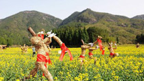 Straw men decorate golden cole flower field