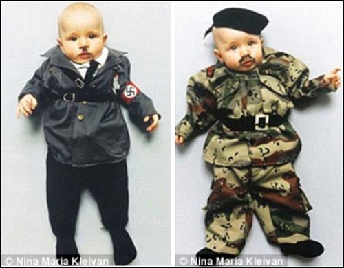 Faustina Kleivan dressed as Adolf Hitler (L) and Saddam Hussein. A female Danish artist Nina Maria Kleivan dressed her baby daughter Faustina as several famous historical figures of the 20th century, which has already aroused public controversy, according to reports of British newspaper Daily Mail. [CRI]