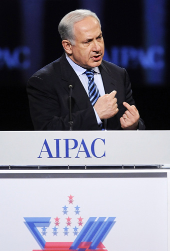 Israeli Prime Minister Benjamin Netanyahu gestures as he addresses the gala banquet of the American Israel Public Affairs Committee (AIPAC) annual policy conference in Washington, March 22, 2010. [Xinhua]