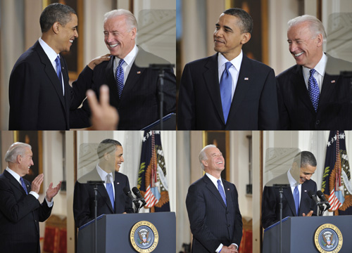 Combo photo shows U.S. President Barack Obama and Vice President Joe Biden sharing happy moments during a ceremony to sign the healthcare reform bill at the White House in Washington D.C., capital of the United States, March 23, 2010. [Zhang Jun/Xinhua]