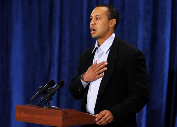 'I am deeply sorry for my irresponsible and selfish behavior,' Woods said at his first public appearance since he ran his car into a tree outside his Florida home in November and educed a series of sex scandals.