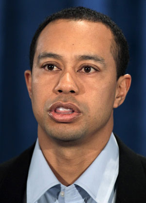 Golfer Tiger Woods apologizes during his first public statement to a small gathering of reporters and friends at the headquarters of the U.S. PGA Tour in Ponte Vedra Beach, Florida, February 19, 2010.  