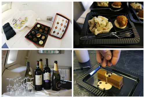 This combination photo shows OpenSkies Airline food offerings from a menu by renowned chef Michel Richard displayed aboard one of Openskies&apos; Boeing 757-200 jets that features business class only cabins at Washington Dulles International Airport in Dulles, Virginia, March 24, 2010.[Xinhua/Reuters] 