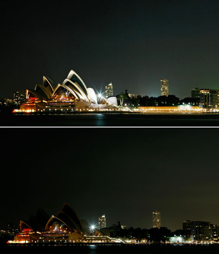 This combo of views shows the Sydney Opera House with the lights on and the lights off during 'Earth Hour,' March 28, 2009. The waters of Sydney Harbour plunged into darkness with the iconic Opera House and Harbour Bridge killing their lights for an hour in a global call for swift action on climate change.[Xinhua/AFP]