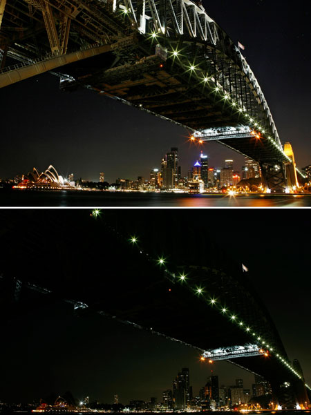 A combination picture shows Sydney's famous Opera House and Harbour Bridge before (top) and after the lights were turned off for Earth Hour March 28, 2009. Lights went out at Sydney's Opera House and Harbour Bridge on Saturday for Earth Hour 2009, a global event in which landmarks and homes go dark for an hour to highlight the threat from climate change.[Xinhua/AFP]