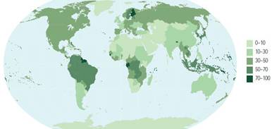 The world’s total forest area is just more than 4 billion hectares, which corresponds to an average of 0.6 ha per capita. The five most forest-rich countries (Russia, Brazil, Canada, the U.S. and China) account for more than half of the world’s total forest area. [FAO]