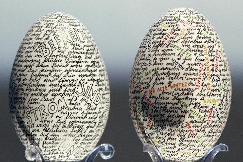 The photo taken on March 26 shows that two Easters Eggs for auction at an Easter trade fair, which is held in a Museum in Hamburg, Germany.