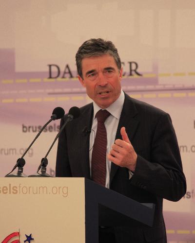 NATO Secretary General Anders Fogh Rasmussen speaks during a debate at the fifth Brussels Forum 2010 in Brussels, capital of Belgium, March 27, 2010. The forum is an annual high-level event hosted by the German Marshall Fund of the United States. [Xinhua]