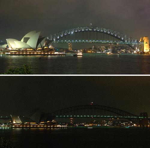 This combo photo shows the Sydney Harbour before (top) and during the Earth Hour in Sydney, Australia, March 27, 2010. Sydney has joined 4,000 cities plunged into darkness on Saturday night as hundreds of millions of people around the world turned off their lights for Earth Hour.