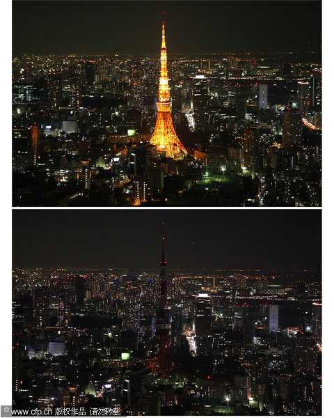 This composite photograph shows the Tokyo Tower before and during the Earth Hour 2010 power switch off on March 27, 2010 in Tokyo, Japan. Earth hour this year aims to highlight everyone's environmental footprint on the earth, encouraging individuals to reduce their impact on the planet and help reduce pollution and climate change.