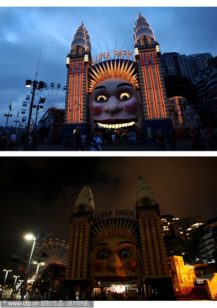 The Luna Park entrance is seen before and after the lights are switched off for Earth Hour on March 27, 2010 in Sydney, Australia. Earth hour this year aims to highlight everyone抯 environmental footprint on the earth, encouraging individuals to reduce their impact on the planet and help reduce pollution and climate change.