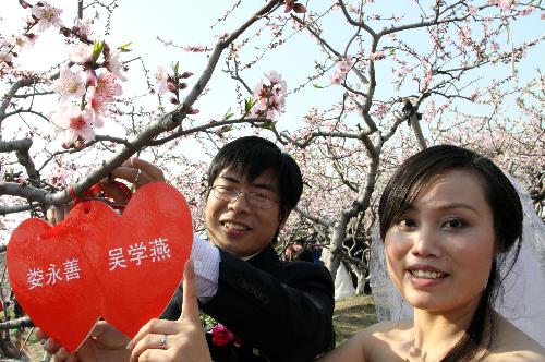 A pair of bridegroom and bride tie up their heart's desire card onto the peach blossom twig, during a collective wedding on the title of Love at Grassroot and Affection Devoted at Yaozhuang Village, in which 18 pairs of graduates-turned-village cadres swear in their matrimony, on the Peach Blossom Island in Yaozhuang Town, Jiashan County, east China's Zhejiang Province, March 28, 2010. (Xinhua/Hu Lingxiang)