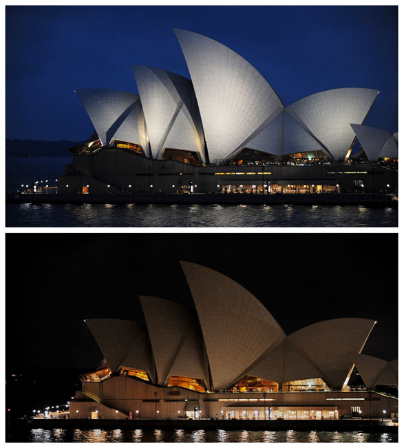 A combination photo shows the Sydney Opera House before (top) and during Earth Hour (bottom) March 27, 2010. Earth Hour, when everyone around the world is asked to turn off lights for an hour from 8.30 p.m. local time, is meant as a show of support for tougher action to confront climate change. [Chinanews.com.cn]