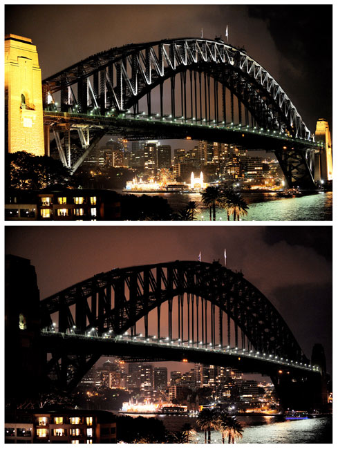 A combination photo shows the Sydney Harbour skyline before (top) and during Earth Hour (bottom) March 27, 2010. Earth Hour, when everyone around the world is asked to turn off lights for an hour from 8.30 p.m. local time, is meant as a show of support for tougher action to confront climate change. [Chinanews.com.cn]